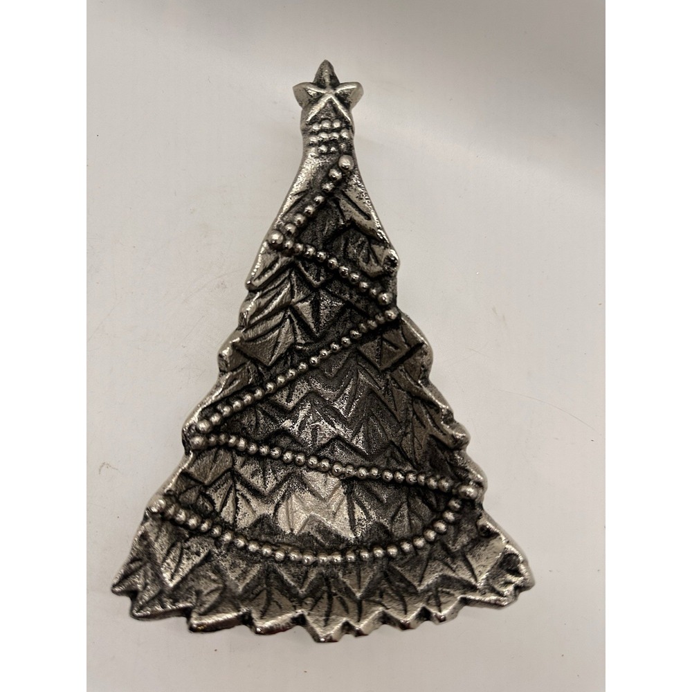 Metal Christmas Tree Trinket Dish Silver Tone Holiday‎ Decorative Bowl
